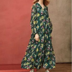 Anthropologie Green Floral Printed Maxi Dress 10.